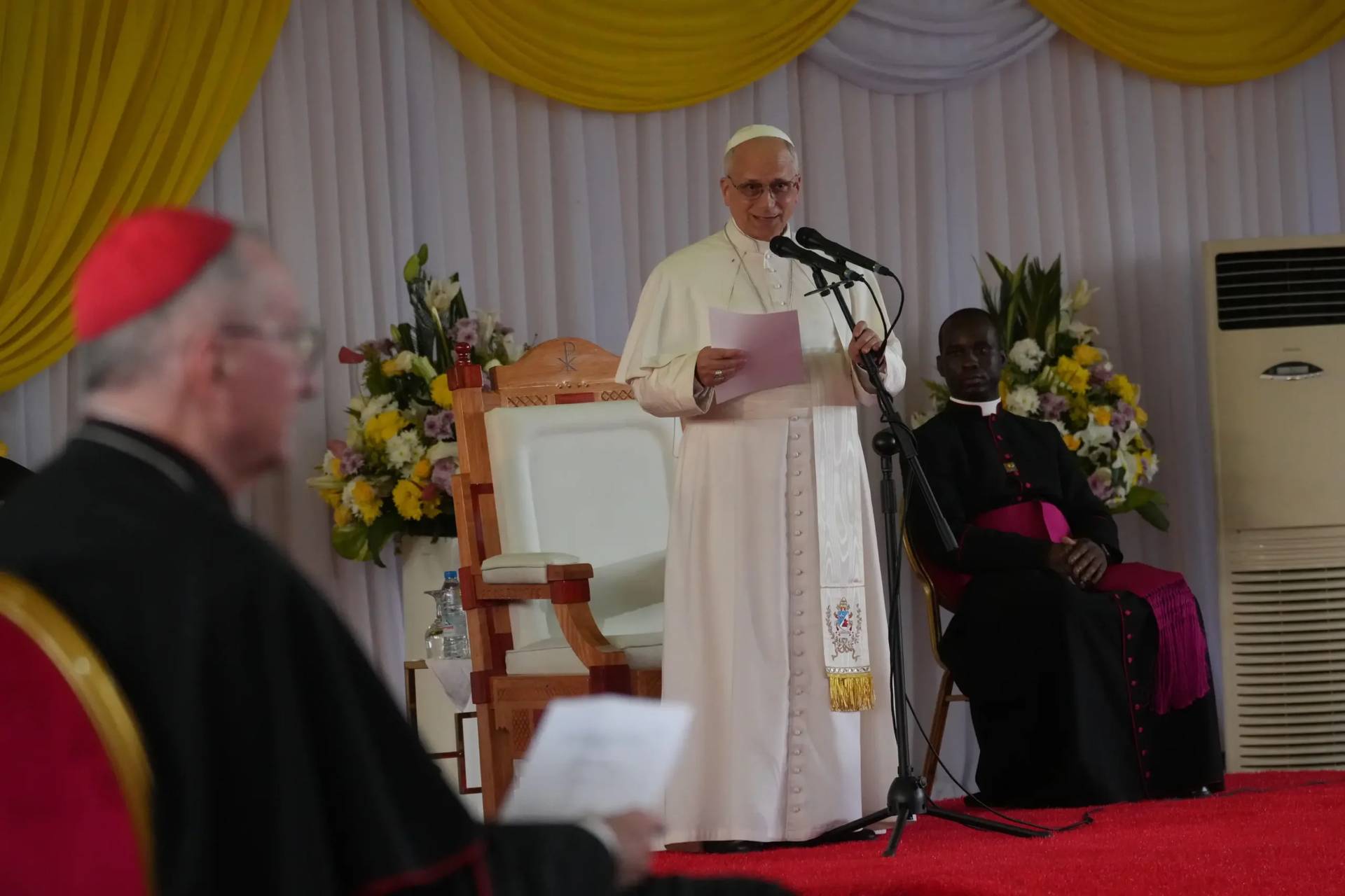 Pope Leo XIV delivers his message during a meeting with University students and professors at the Catholic University of Central Africa, in Yaounde Cameroon, Friday, April 17, 2026. (Credit: Andrew Medichini/AP.)