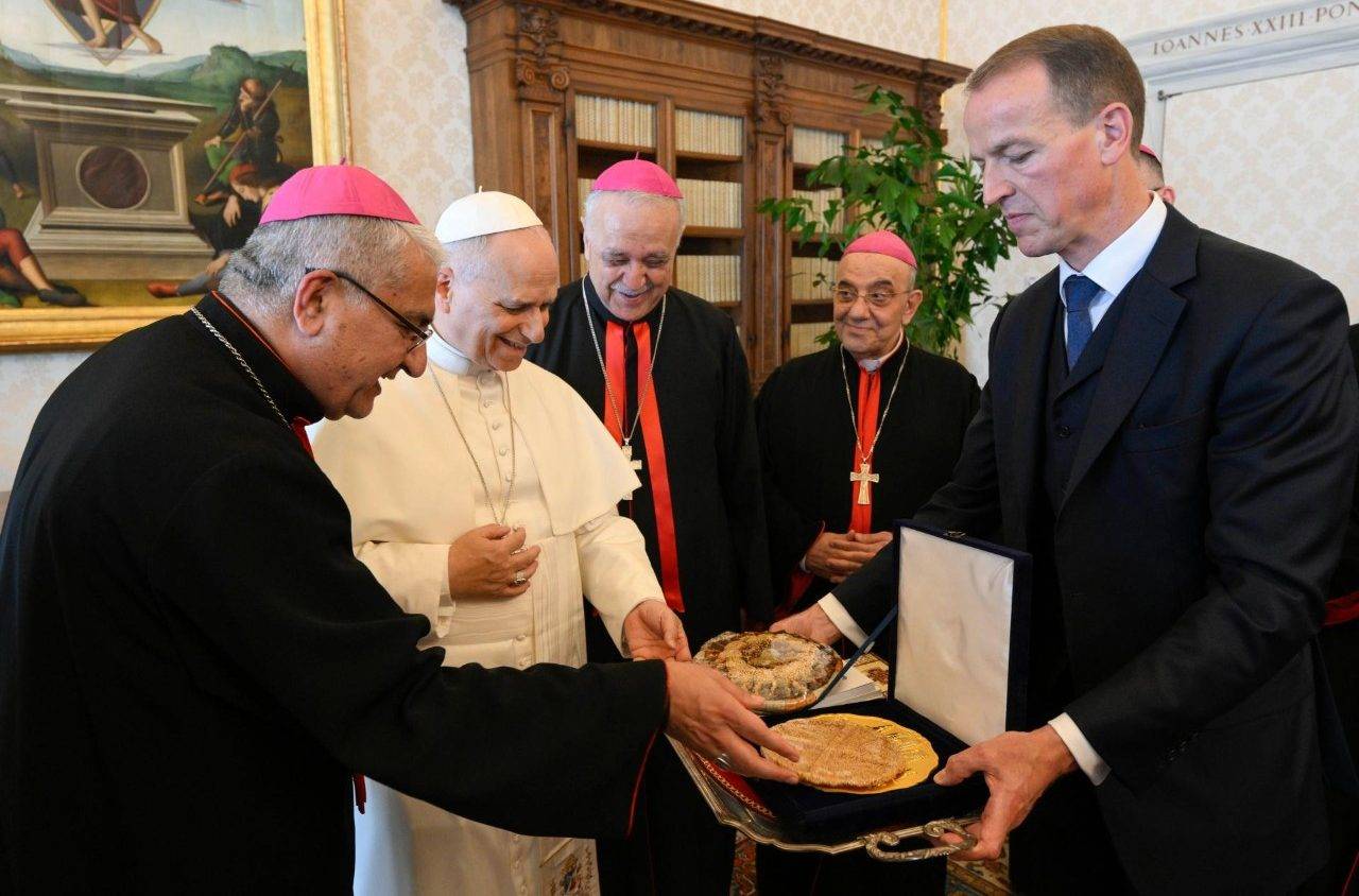 Pope Leo XIV meets with bishops of the Chaldean Catholic Church from Lebanon in the Vatican on April 10, 2026. (Credit: Vatican Media.)