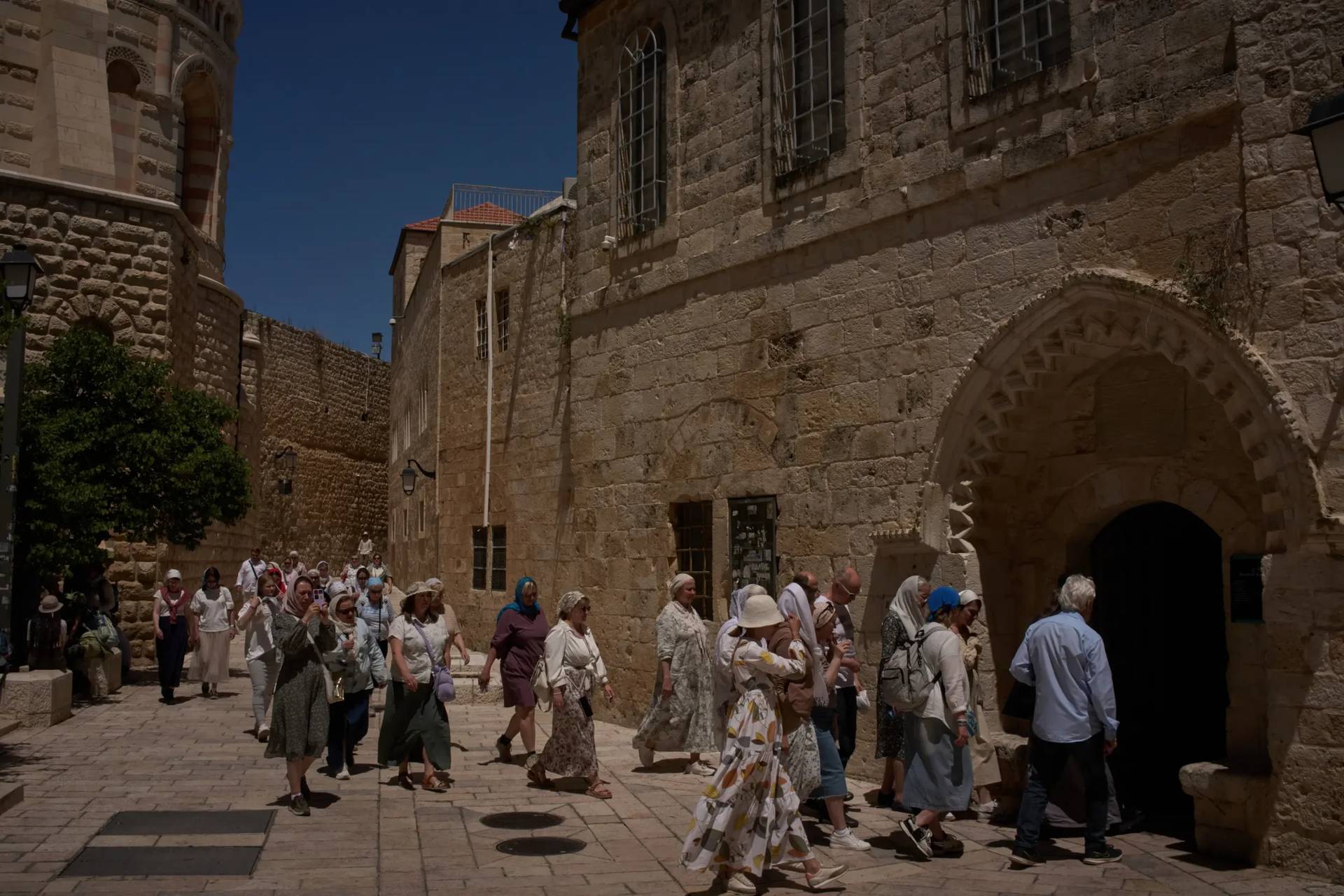 Christian pilgrims visit the Cenacle, traditionally believed to be the site of the Last Supper, in Jerusalem, Friday, May 1, 2026, as they walk past the site where a nun was attacked by a man last Wednesday. (Credit: Leo Correa/AP.)