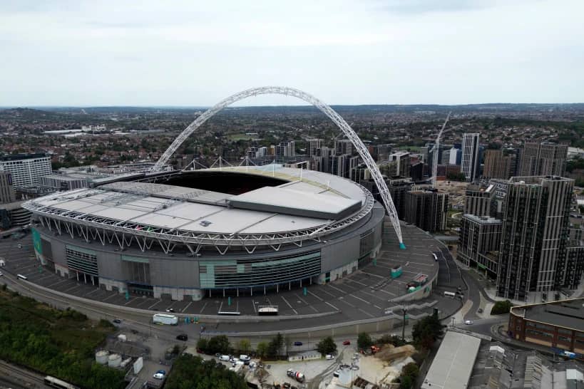 An aerial view of Wembley stadium in London, Thursday, Sept. 1, 2022. (Credit: Frank Augstein/AP.)
