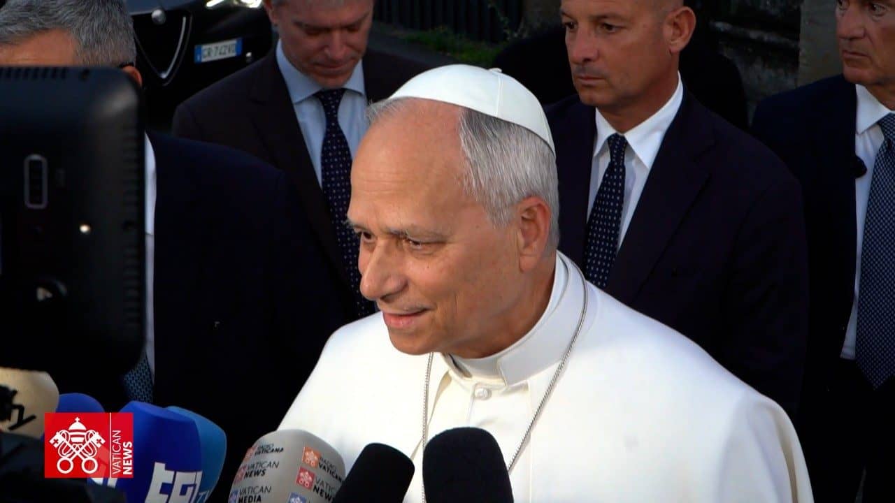 Pope Leo XIV addresses journalists in Castel Gandolfo on May 26, 2026. (Credit: Vatican Media.)