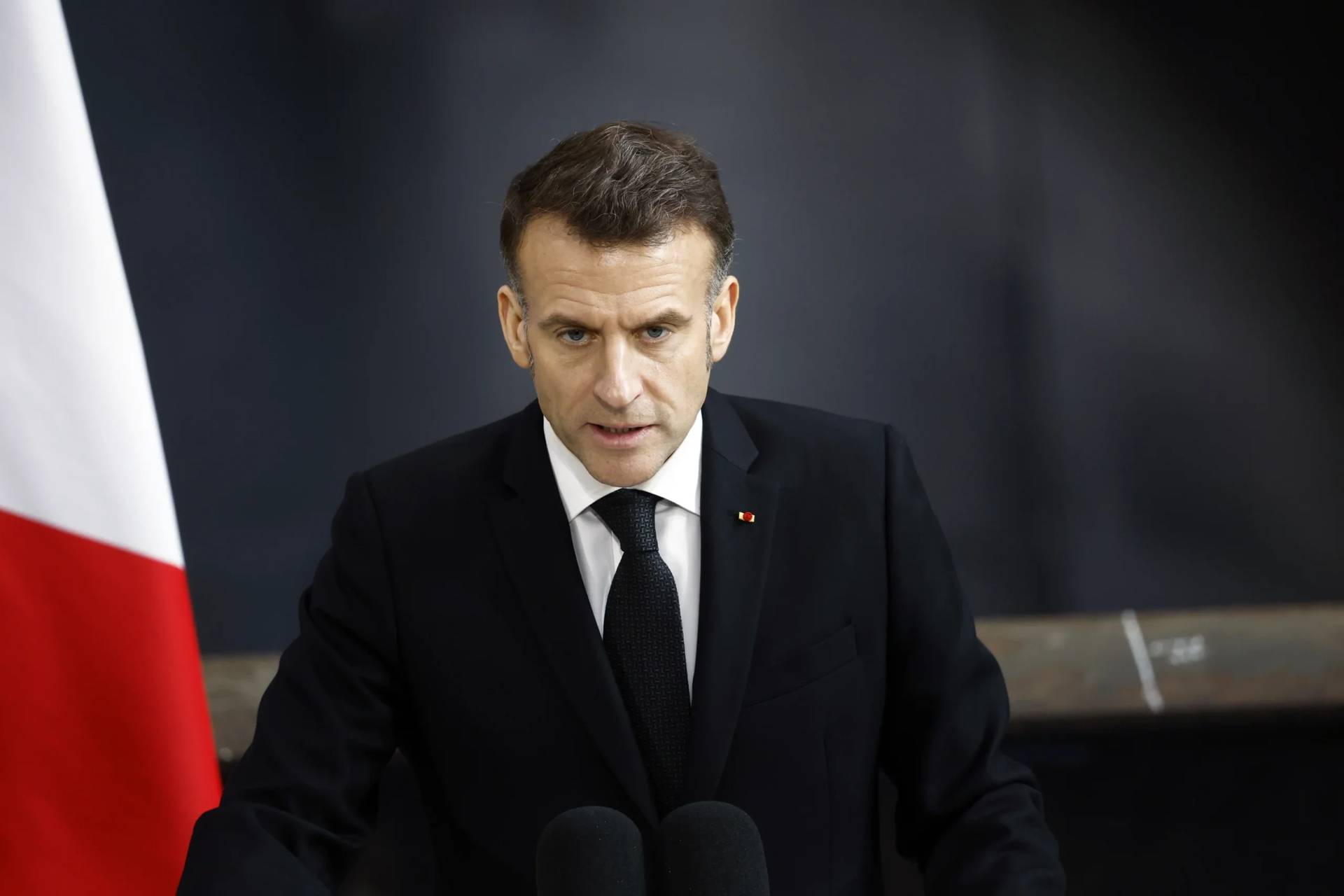 French President Emmanuel Macron delivers a speech next to the submarine ‘Le Temeraire’ (The Temerarious) at the Nuclear submarines Navy base of Ile Longue in Crozon, France, Monday March 2, 2026. (Credit: Yoan Valat/Pool Photo via AP.)