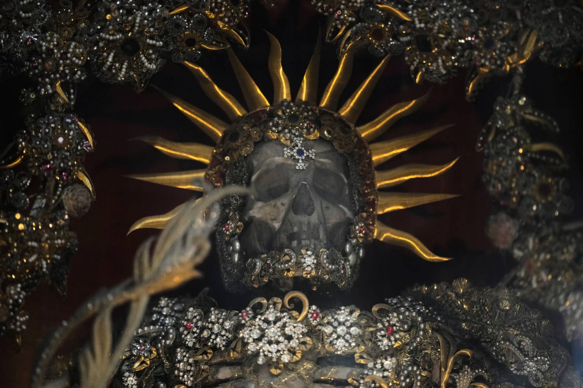 An elaborately decorated skeleton stands in the catholic monastery church of Banz in Bad Staffelstein, Germany, Saturday, May 2, 2026. (Credit: Matthias Schrader/AP.)