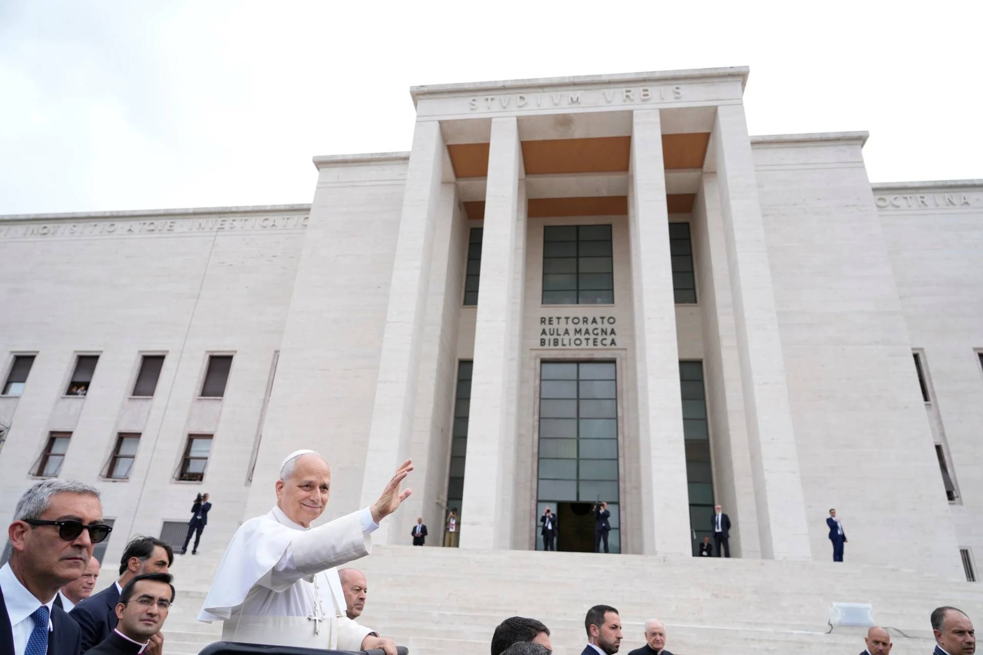 Pope Leo XIV visits the Città Universitaria (University City) at Sapienza University of Rome to meet with faculty and students at the institution's primary campus, one of the world's oldest and largest universities, Thursday, May 14, 2026. (Credit: Gregorio Borgia/AP.)