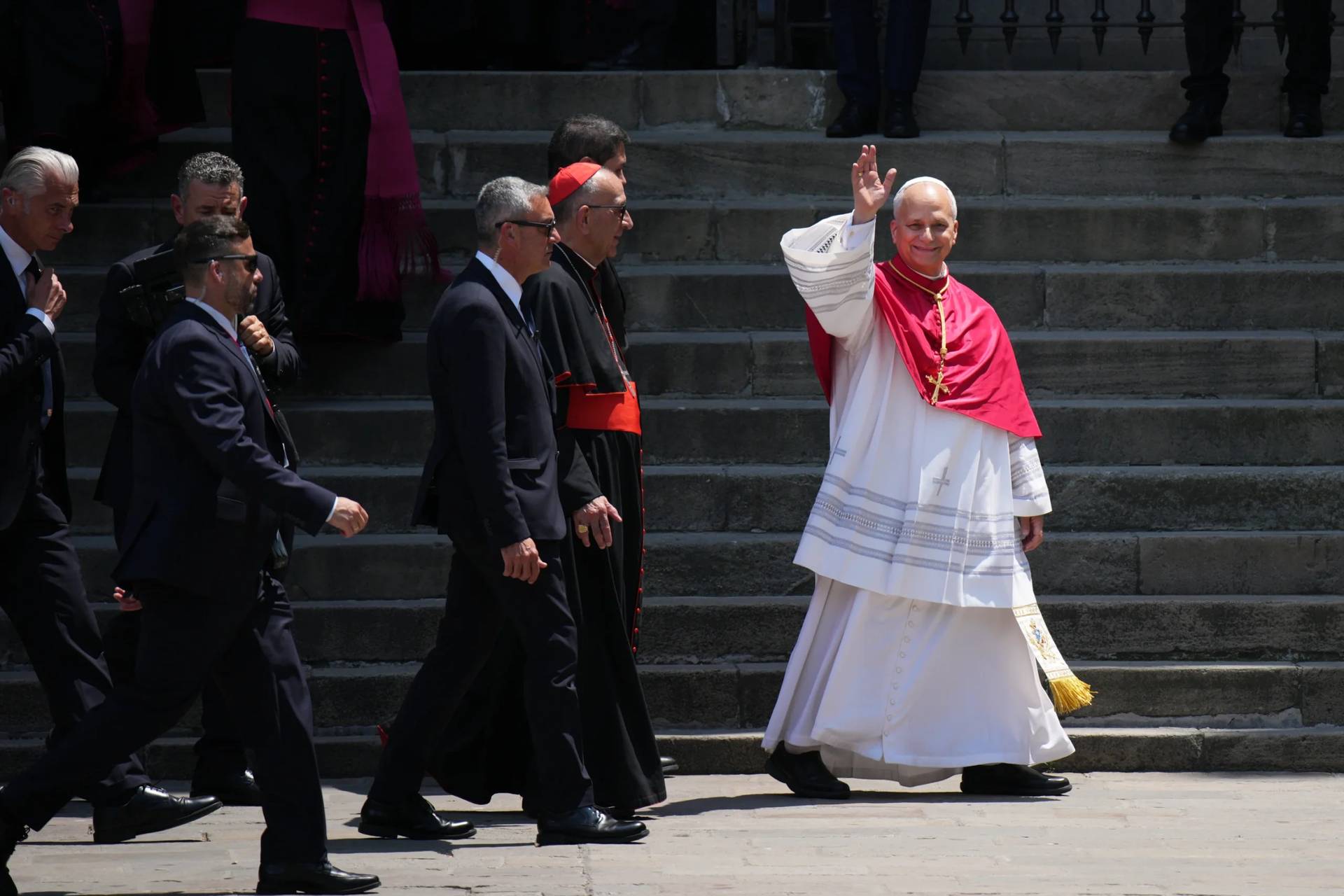 Pope Leo XIV waves to the cheering crowd after attending a midday prayer at the Cathedral of the Holy Cross and Saint Eulalia in Barcelona, Spain, Tuesday, June 9, 2026. (Credit: Emilio Morenatti/AP.)
