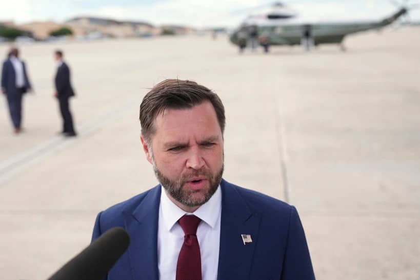 With Marine Two in the background, Vice President JD Vance speaks with reporters upon arriving at Joint Base Andrews, Md., Thursday, May 28, 2026. (Credit: Matt Rourke/AP.)