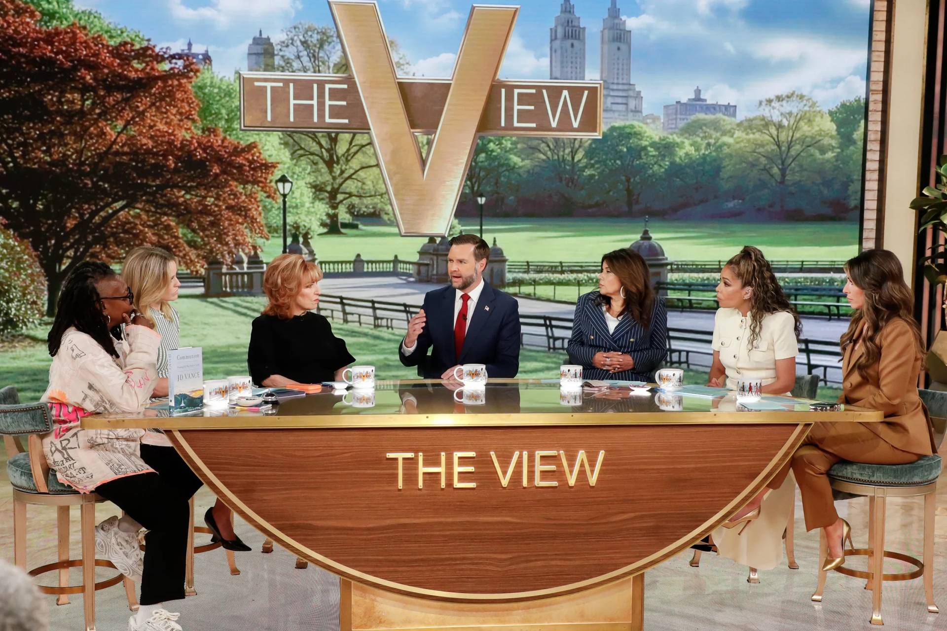 This image released by ABC shows Vice President JD Vance with Whoopi Goldberg, Sara Haines, Joy Behar, Ana Navarro, and Alyssa Farah Griffin on "The View" on June 16, 2026. (Credit: Lou Rocco/ABC via AP.)