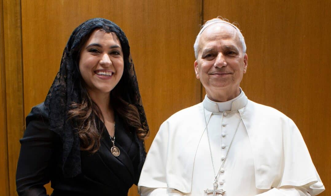 Maria Montserrat Alvarado with Pope Leo XIV. (Credit: Vatican Media.)