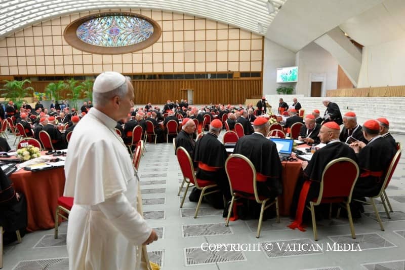 Pope Leo XIV meets with cardinals in the Paul VI Audience Hall in the Vatican on June 26, 2026. (Credit: Vatican Media.)