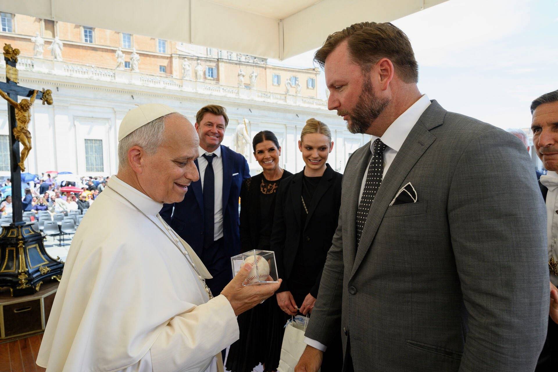 Pope Leo XIV receives the baseball from the final out of Game 1 of the 2005 World Series from former Chicago White Sox catcher A.J. Pierzynski. (Credit: Pierzynski on X.)