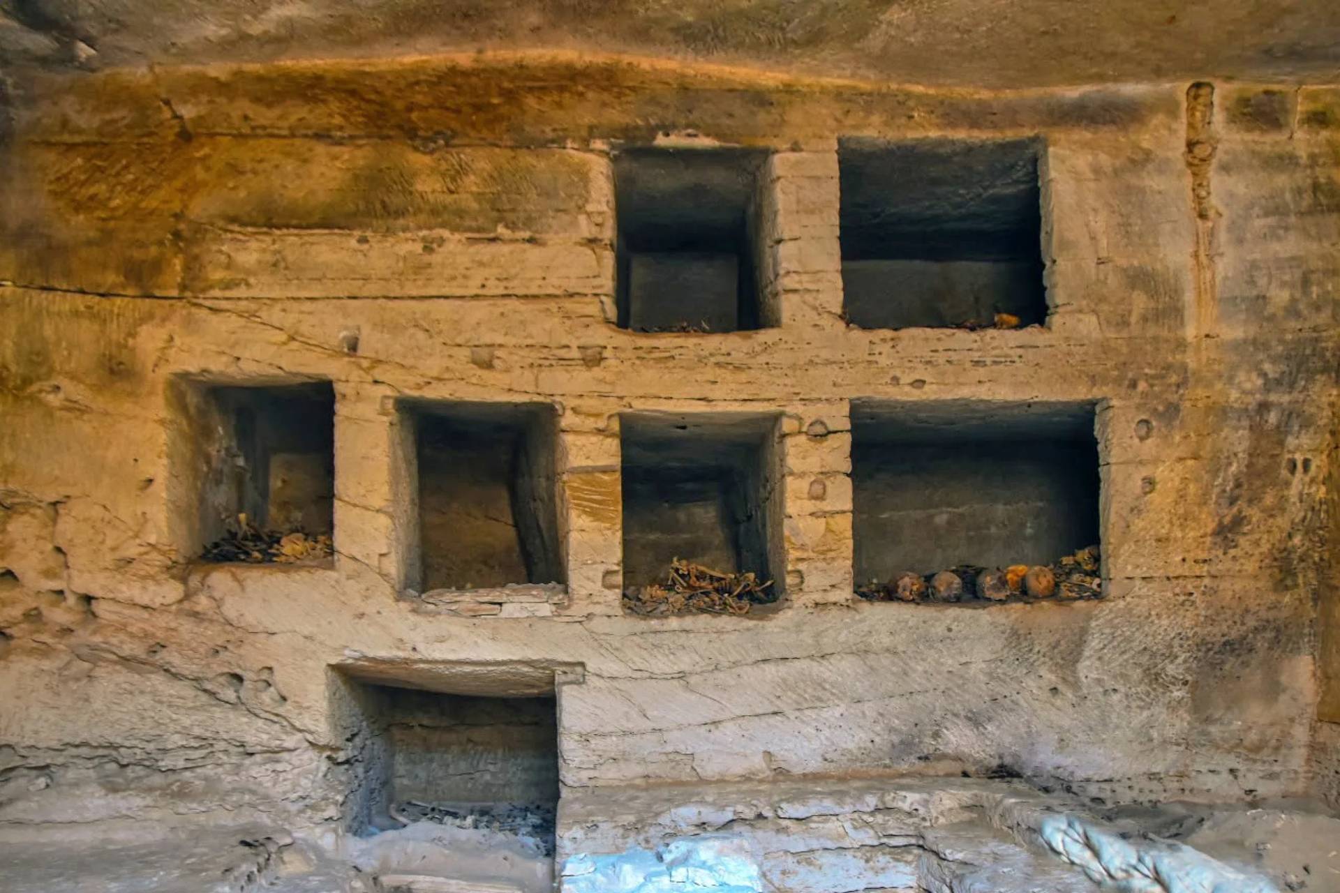 Some of seven surface limestone-built tombs, discovered in the Marina-el-Alamein archeological site, as seen west of the city of Alexandria, Egypt. (Credit: Ministry of Tourism and Antiquities via AP.)