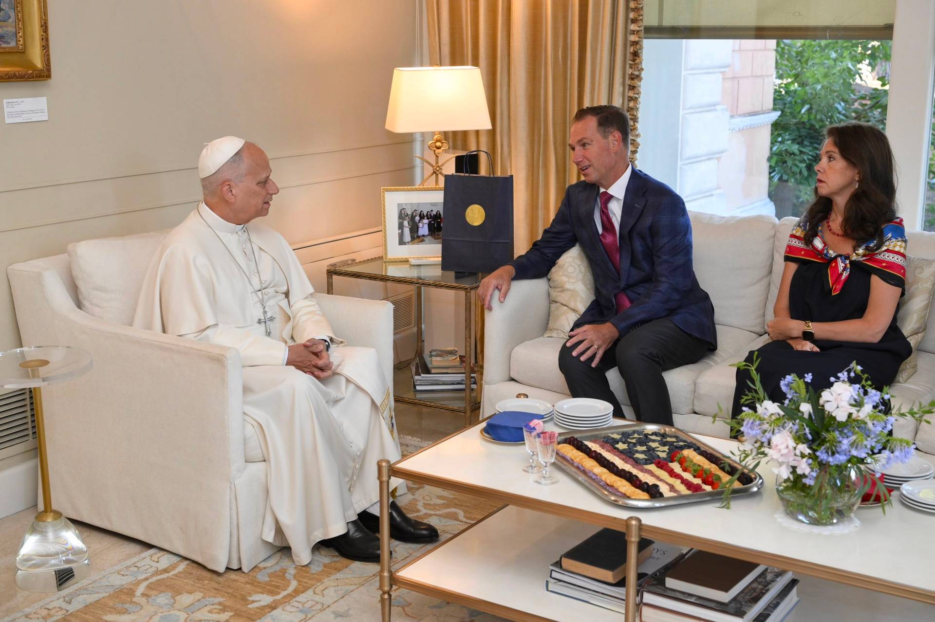 Pope Leo XIV celebrated America's 250th birthday with U.S. Ambassador Brian Burch, his wife Sara Burch, and their family in Rome, Italy, on July 4, 2026. (Credit: U.S. Department of State.)