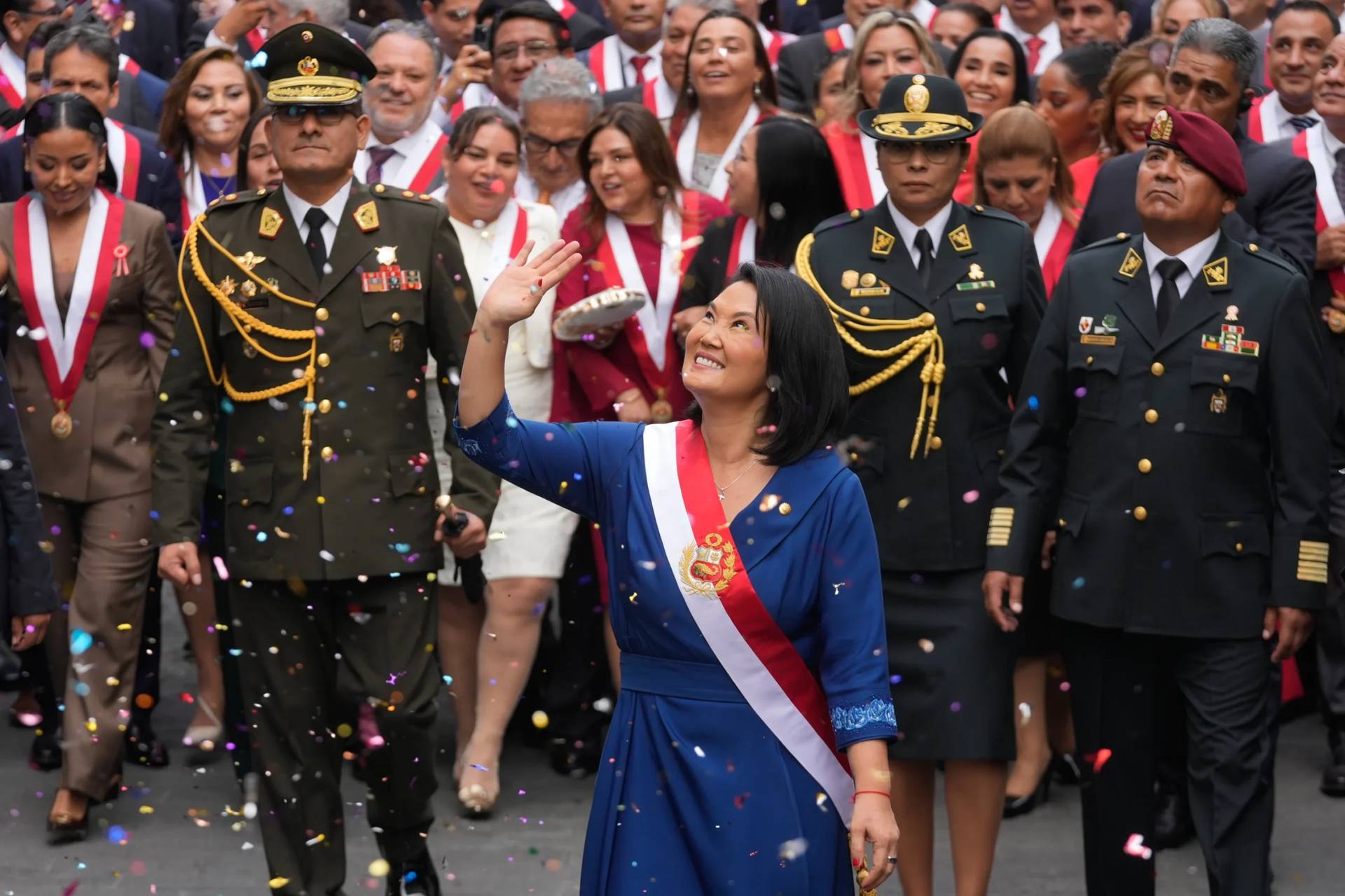 Peru's president Keiko Fujimori walks to the presidential palace after her inauguration in Lima, Peru, on July 28, 2026. (Credit: Martin Mejia/AP.)