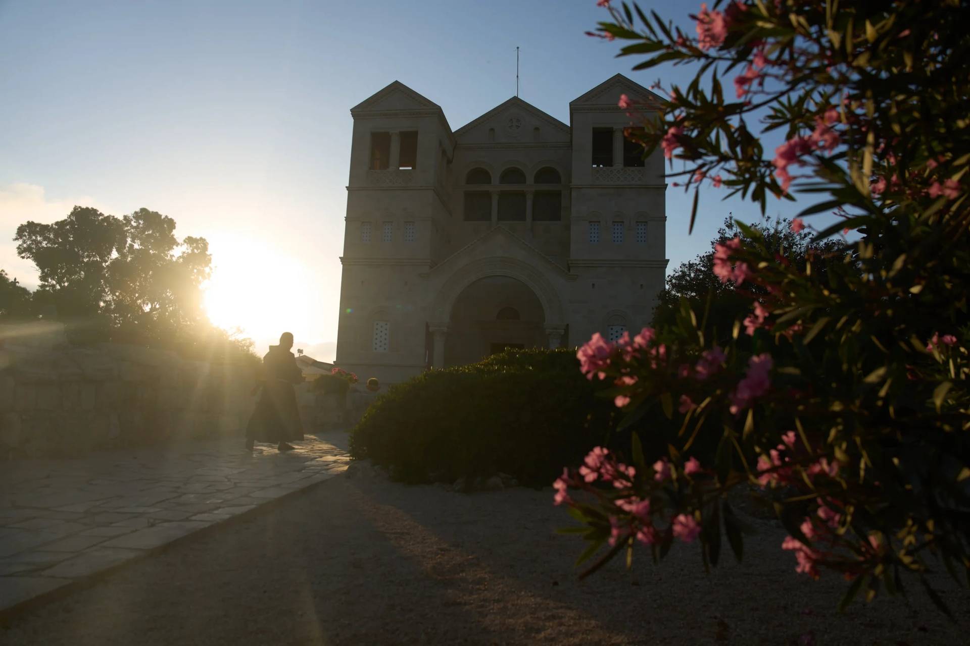 A priest enters the Basilica of the Transfiguration on Mount Tabor, northern Israel, on Aug. 6, 2026. (Credit: Ariel Schalit/AP.)
