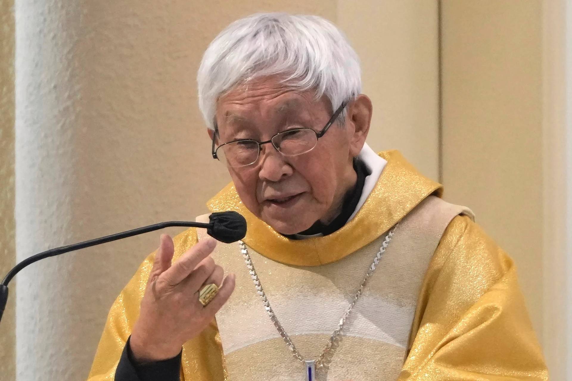 Cardinal Joseph Zen in Hong Kong's Holy Cross Church on May 24, 2022. (Credit: Kin Cheung/AP.)