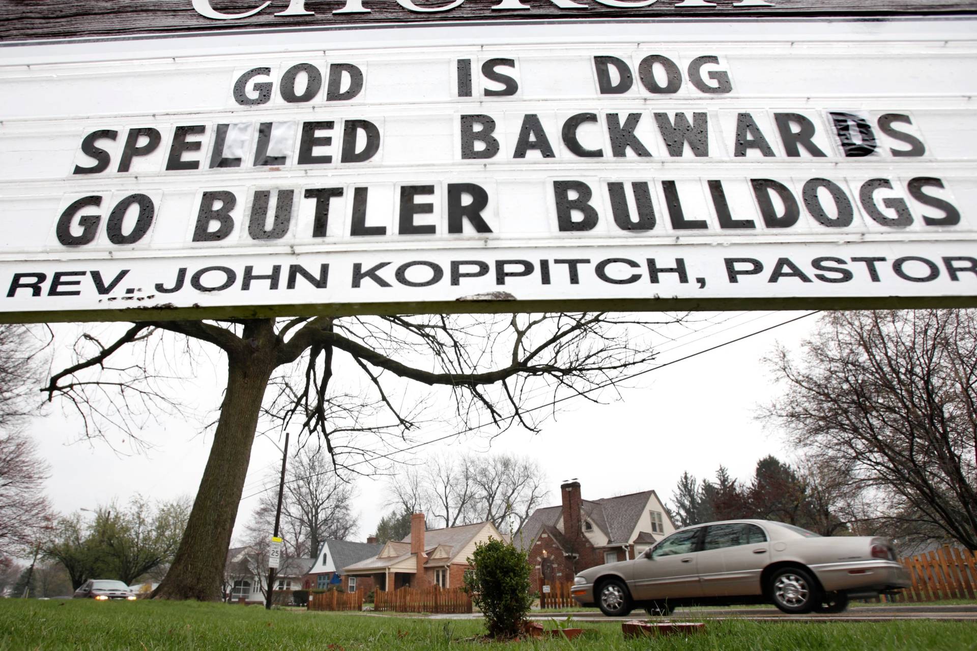 A sign on the outside of the Fairview Presbyterian Church on the edge of the Butler University campus shows its congregation's support for the Butler men's basketball team in Indianapolis, Ind. on Monday, April 4, 2011. (Credit: Amy Sancetta/AP.)