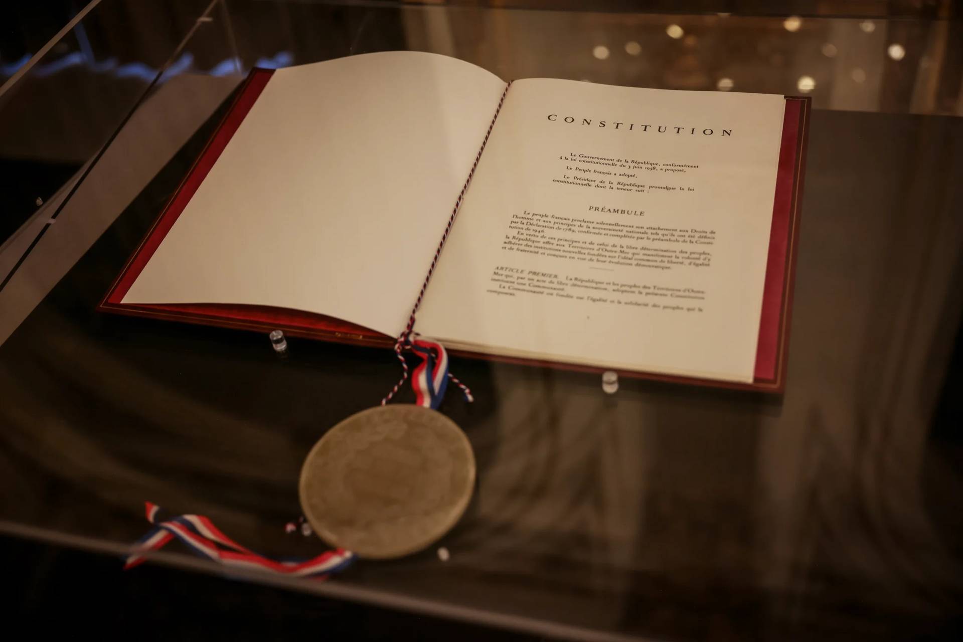 The text of the French Constitution is on display at the Elysee Palace in Paris on Saturday, Sept. 19, 2026. (Credit: Thomas Padilla/AP.)