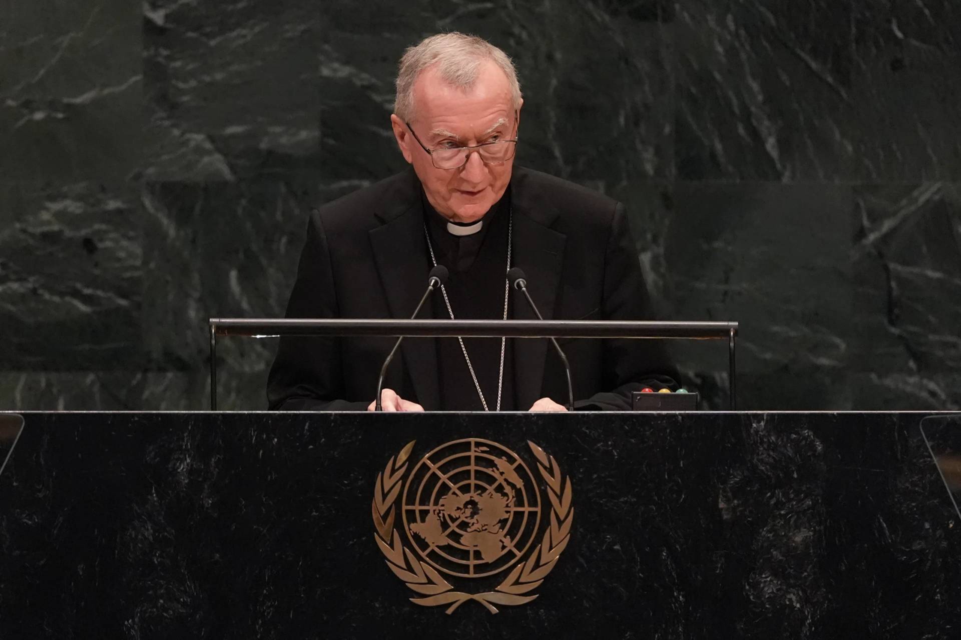 Cardinal Pietro Parolin speaks during the 81st session of the United Nations General Assembly at the United Nation headquarters in New York on Sep. 26, 2026. (Credit: Heather Khalifa/AP.)