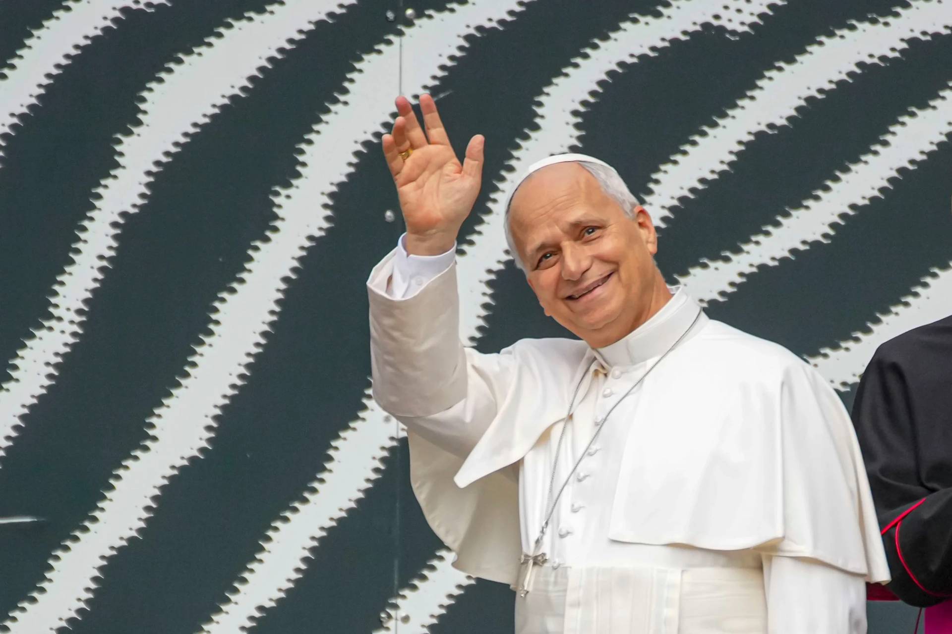 Pope Leo XIV waves as he arrives at the Vatican Library on the day of his 71st birthday, Monday, Sept. 14, 2026, during a press preview of the exhibit ""AQVA, Catastrophe and Wonder," which will be open to the public from Sept. 25 through May 14, 2027. (Credit: Andrew Medichini/AP.)