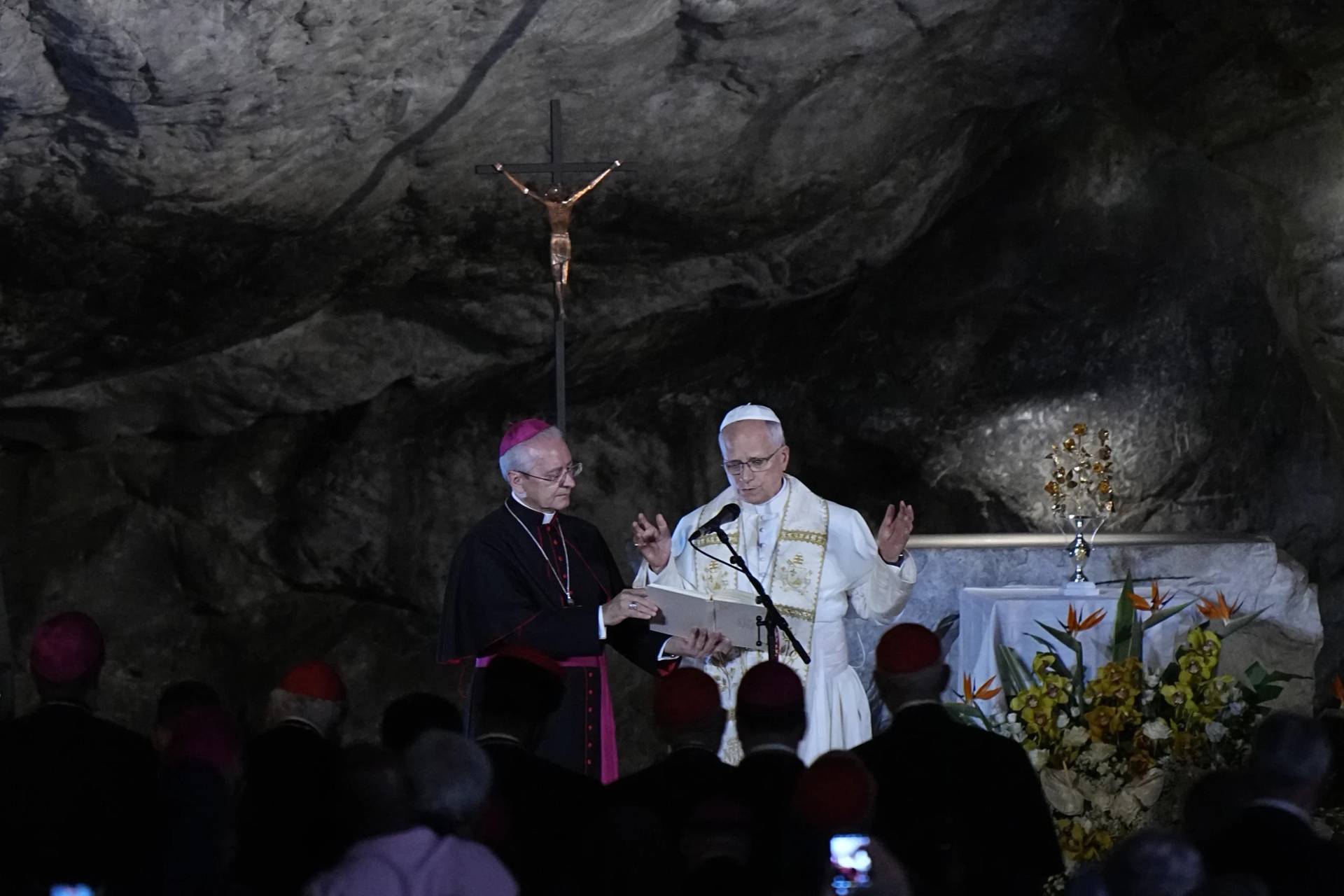 Pope Leo XIV prays at the Grotto of the Apparitions of Massabielle, in Lourdes, France, Saturday, Sept. 26, 2026. (Credit: Laurent Cipriani/AP.)