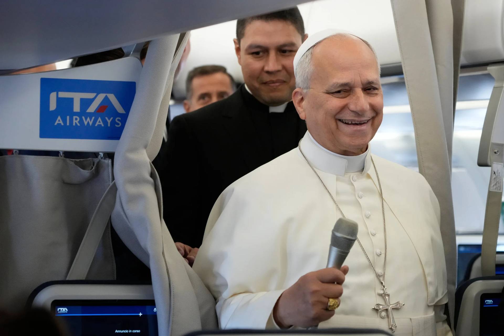 Pope Leo XIV talks to journalists aboard the papal flight from Rome to Paris, Friday, Sept. 25, 2026, during his apostolic journey to France. (Credit: Gregorio Borgia/AP.)