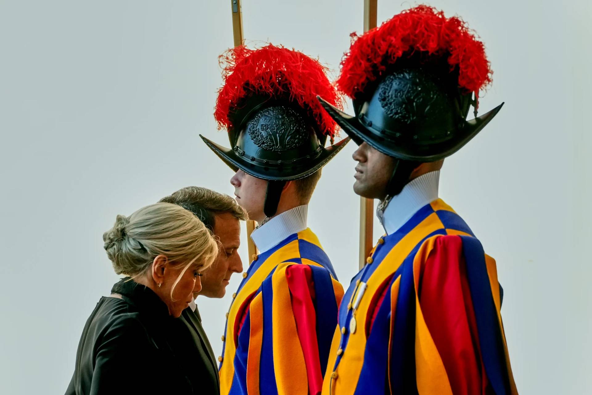 French President Emmanuel Macron and his wife Brigitte arrive in the St. Damasus Courtyard at the Vatican to meet with Pope Leo XIV, Friday, April 10, 2026. (Credit: Andrew Medichini/AP.)