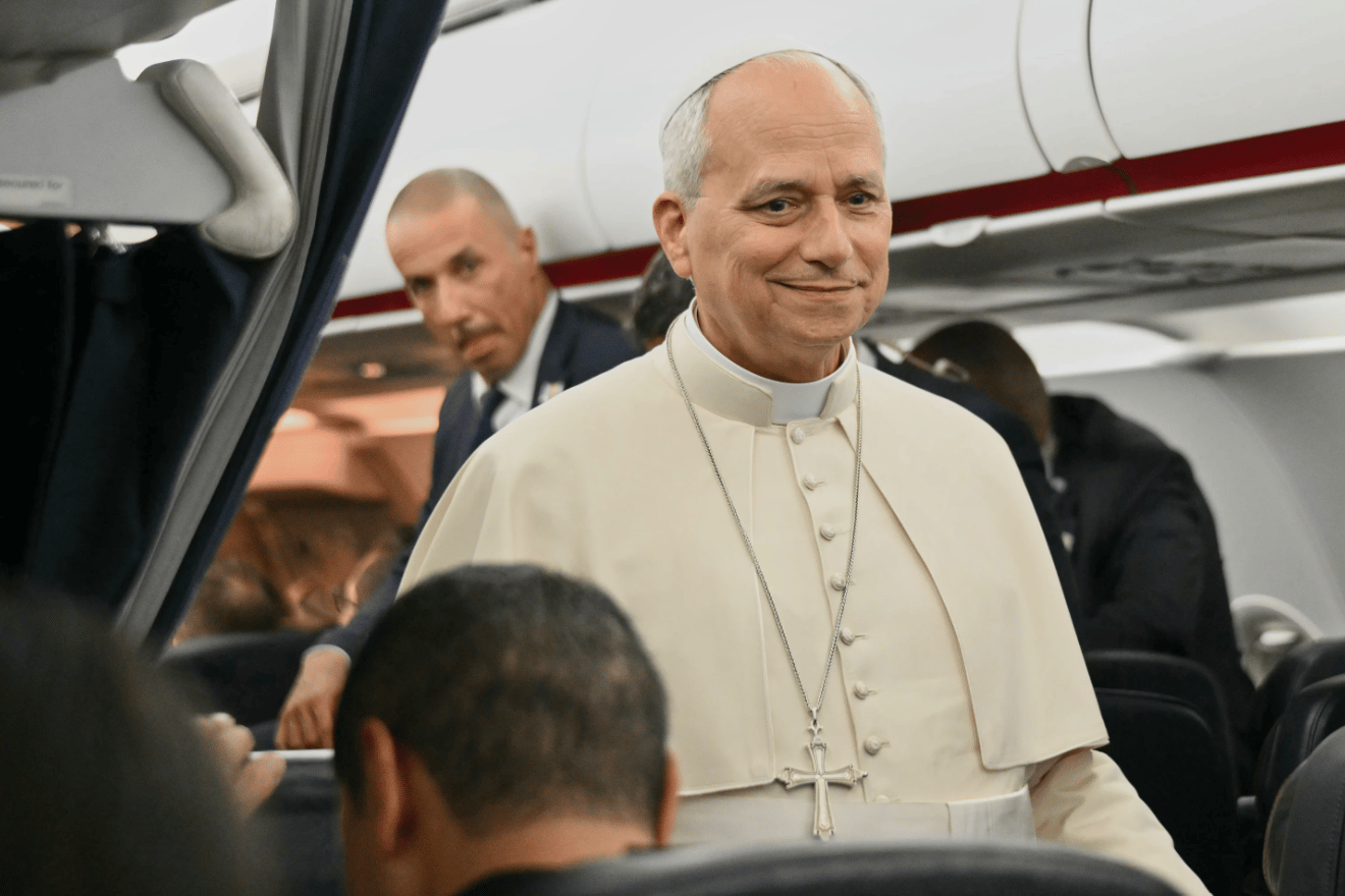 Pope Leo XIV speaks to journalists aboard the flight from Metz, France, to Rome, at the end of his four-day visit to France, Monday, Sept. 28, 2026. (Credit: Alberto Pizzoli/Pool Photo via AP.)