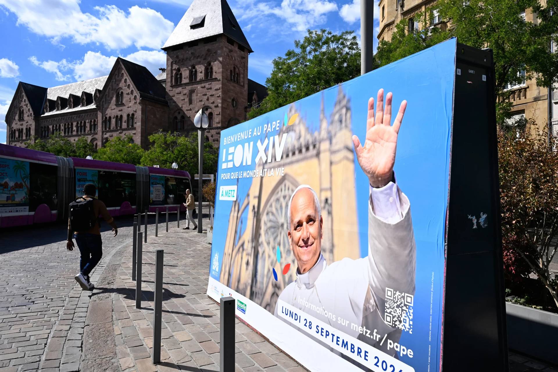 A banner announces the upcoming visit of Pope Leo XIV in Metz eastern France, Tuesday, Sept 15, 2026 as part of his official visit to France from Sept. 26 to 28. (Credit: Pascal Bastien/AP.)