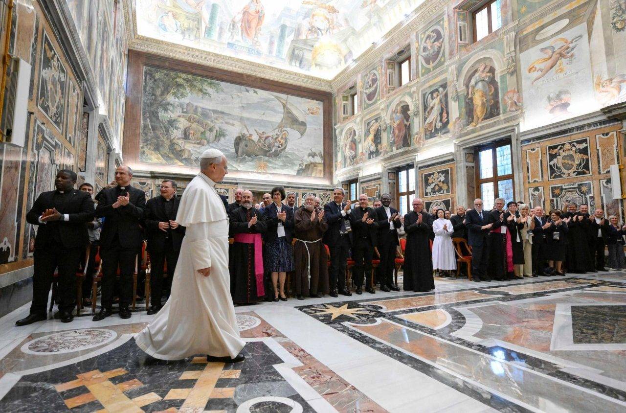 Pope Leo XIV meets with participants of a conference organized by the Dicastery for the Causes of Saints and the Dicastery's Commission for New Martyrs in the Vatican on Sep. 16, 2026. (Credit: Vatican Media.)