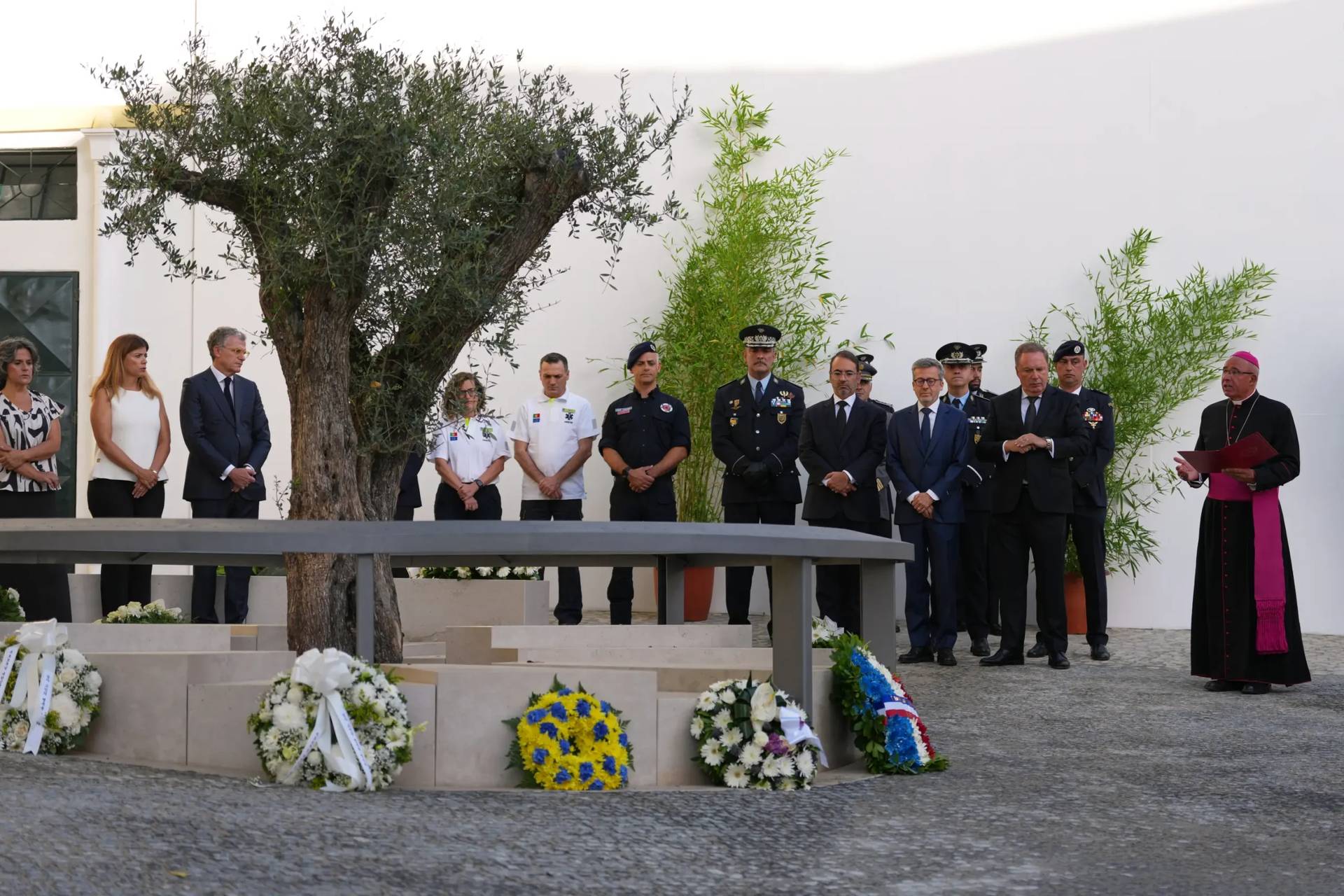Lisbon Patriarch Rui Valério and other officials attend the inauguration of a memorial to the 16 people killed in the derailment and crash of Lisbon's Glória funicular, an iconic streetcar, on the first anniversary of the accident, Thursday, Sept. 3, 2026. (Credit: Armando Franca/AP.)