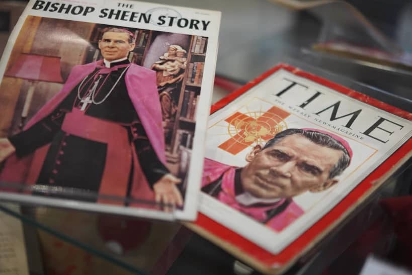 Artifacts and memorabilia depicting the late Archbishop Fulton Sheen are displayed in the Sheen Museum on July 15, 2026, in Peoria, Ill. (Credit: Jessie Wardarski/AP.)