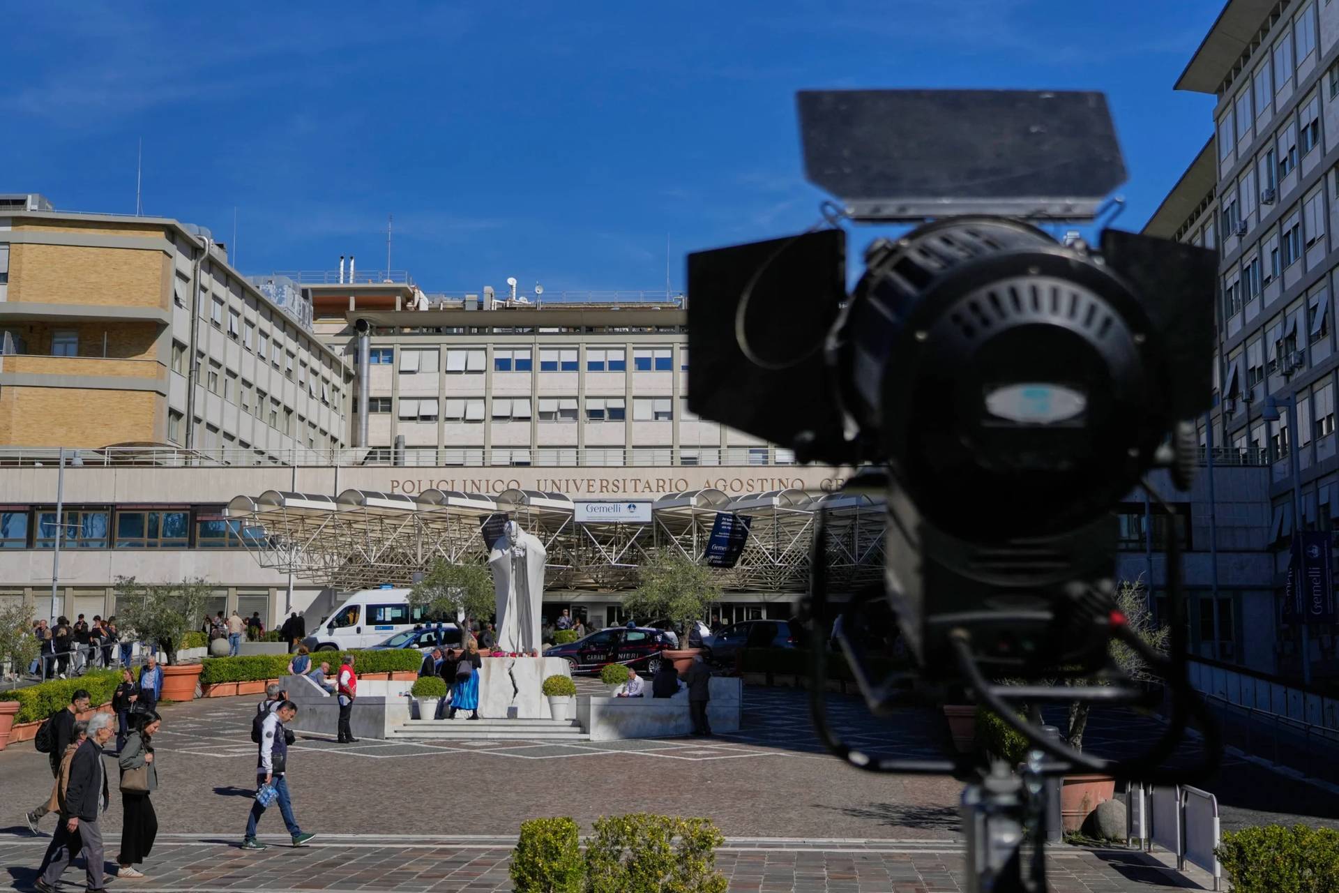 A television light is pointed towards the Agostino Gemelli Polyclinic, where Pope Leo XIV is hospitalized after undergoing a surgery, in Rome, Wednesday, Oct. 14, 2026. (Credit: Gregorio Borgia/AP.)