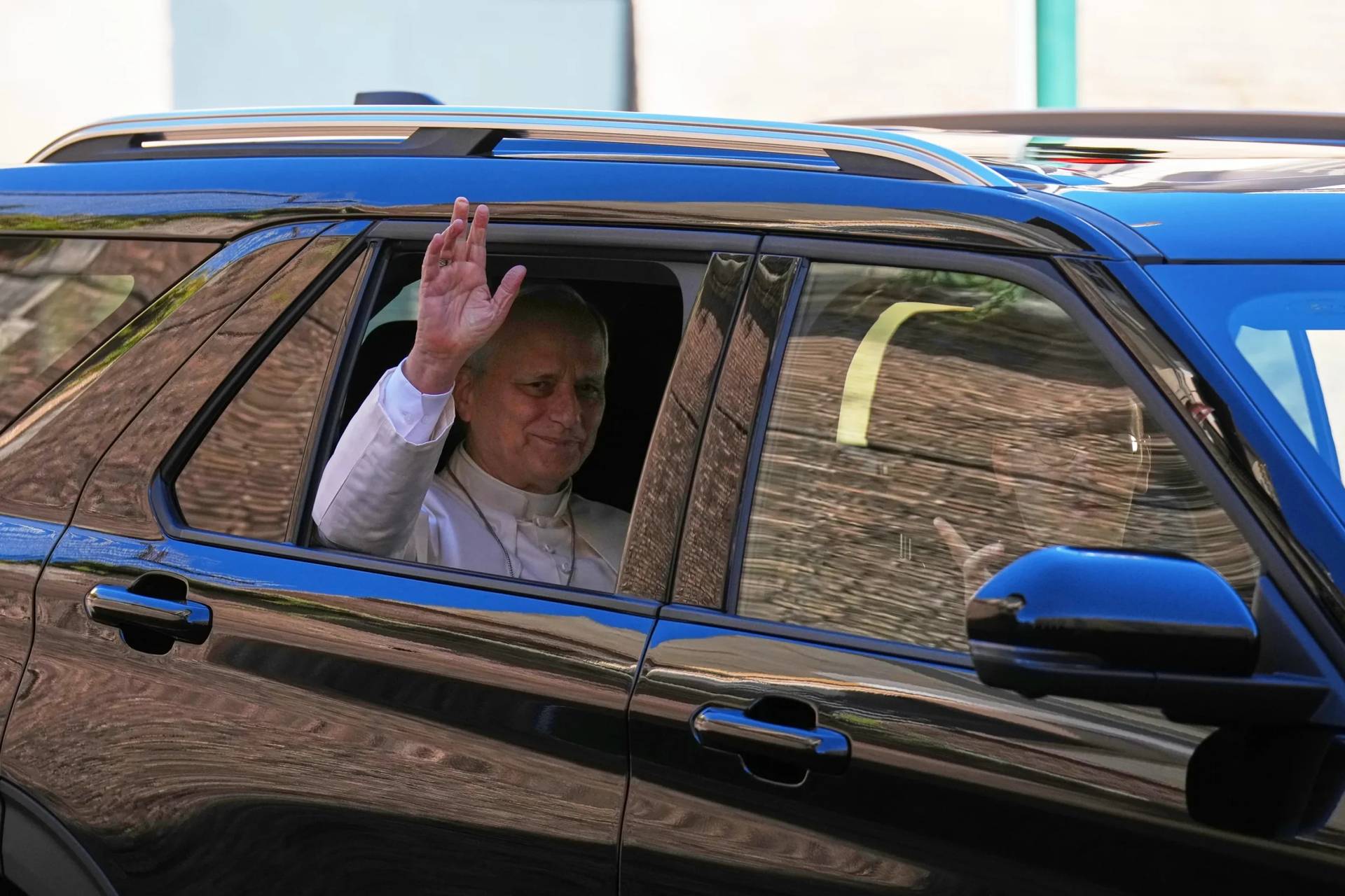 Pope Leo XIV leaves the Vatican for the Agostino Gemelli Polyclinic in Rome, Tuesday, Oct. 13, 2026, where he's expected to be operated to remove a lung nodule. (Credit: Andrew Medichini/AP.)