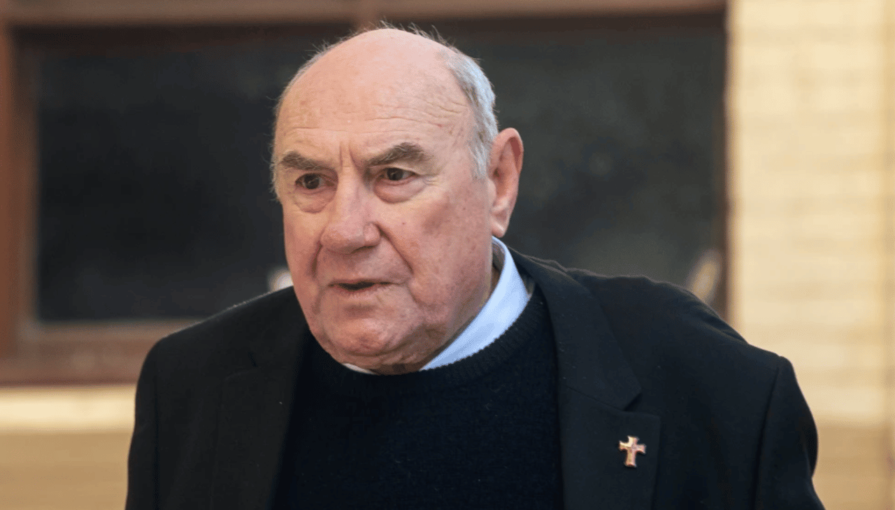 Former Bishop of Broome Christopher Alan Saunders arrives at the West Australian District Court in Perth, Australia, on Aug. 11, 2026. (Credit: Aaron Bunch/AAP Image via AP.)