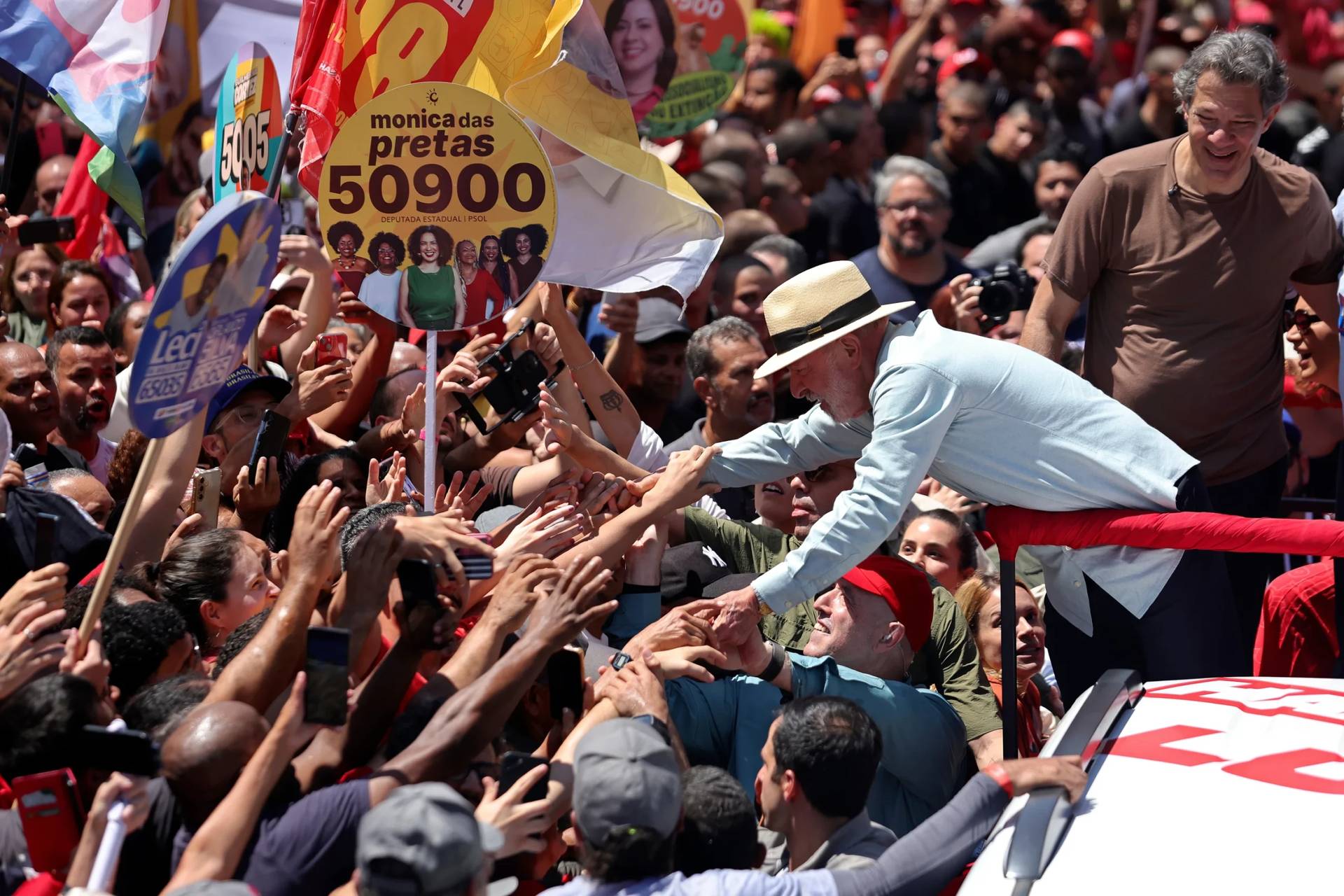 Brazilian President Luiz Inácio Lula da Silva greets supporters in São Paulo, Brazil, on Sep. 26, 2026. (Credit: Allison Sales/AP.)