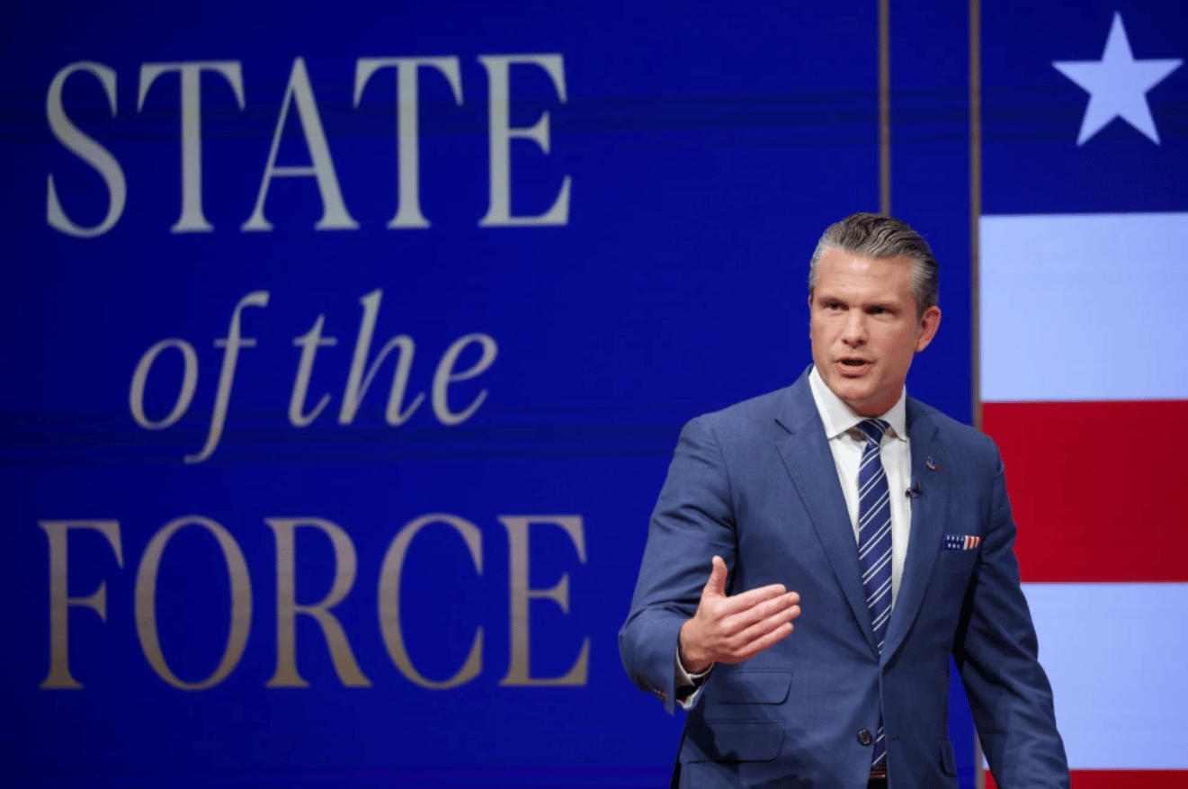 Secretary of Defense Pete Hegseth gives a State of the Force address at Marine Corps Base Quantico, Wednesday, Sept. 30, 2026 in Quantico, Va. (Credit: Alex Wong/Pool Photo via AP.)