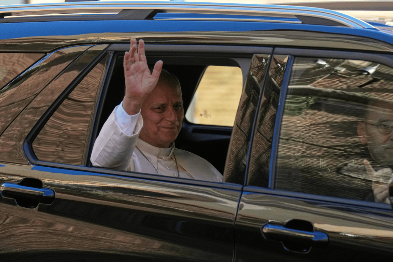Pope Leo XIV leaves the Vatican for the Agostino Gemelli Polyclinic in Rome, Tuesday, Oct. 13, 2026, where he’s expected to be operated to remove a lung nodule. (Credit: Andrew Medichini/AP.)