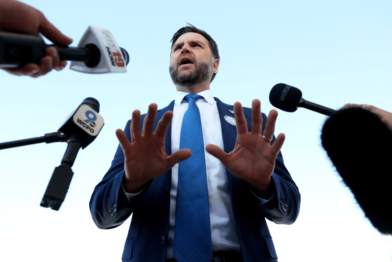 Vice President JD Vance speaks to members of the media at Cincinnati/Northern Kentucky International Airport, Friday, Oct. 9, 2026 in Hebron, Ky., as he departs for a rally in Lima, Ohio. (Credit: Samuel Corum/Pool Photo via AP.)