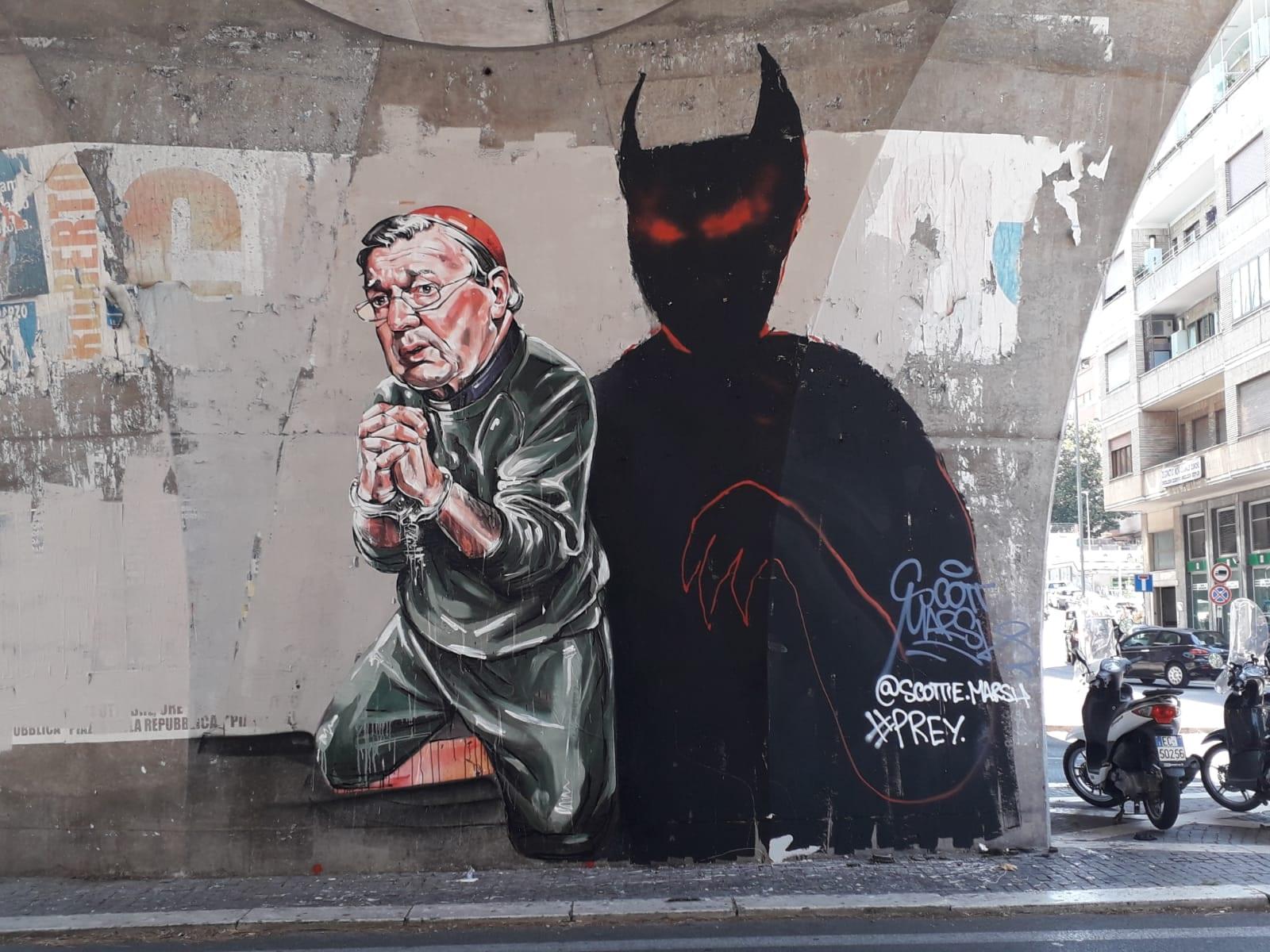 Mural depicting Cardinal Pell painted near Vatican