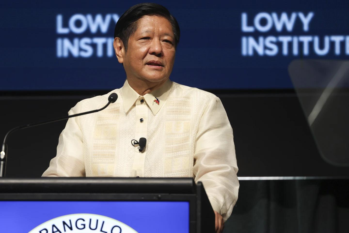 The President of the Philippines Ferdinand Marcos Jr. addresses the Lowy Institute during the ASEAN-Australia Special Summit in Melbourne, Australia, Monday, March 4, 2024. (Credit: Hamish Blair/AP.)