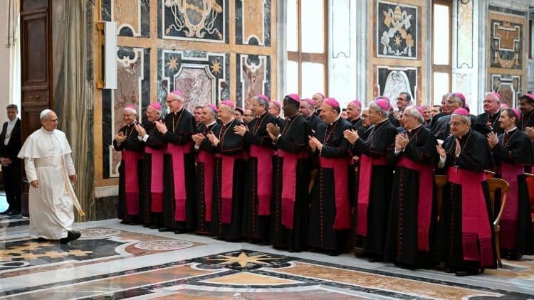 Pope Leo XIV meets with Pontifical Representatives inside the Vatican's Apostolic Palace during the Jubilee for Papal Representatives June 10, 2025. (Credit: Vatican Media.)