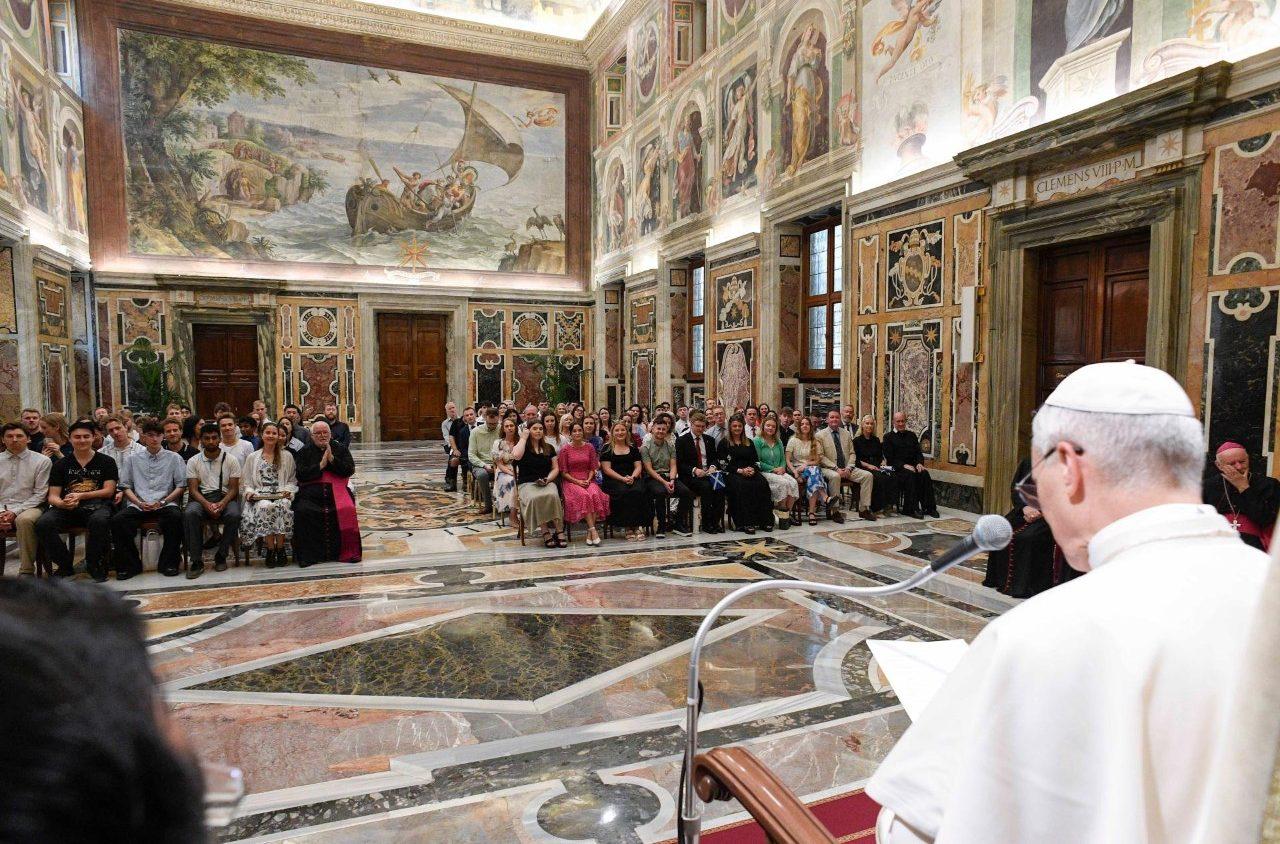 Pope Leo XIV speaks to teachers from England, Scotland, Wales, and Ireland, along with young people from Denmark in the Vatican on July 5, 2025. (Credit: Vatican Media.)