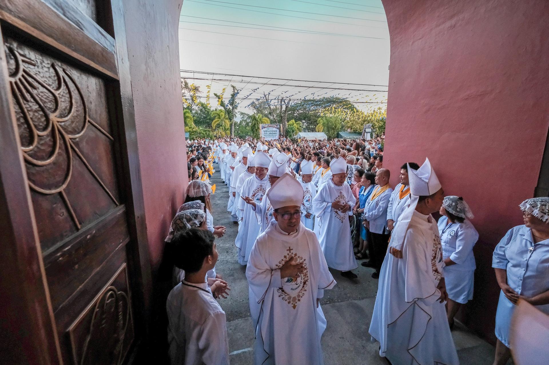 Filipino bishops enter the Saint Michael the Archangel Parish in Jagna, Bohol, in the central Philippines, for a Mass on the first day of their 130th plenary assembly, July 5, 2025. (Credit: CBCP News.)