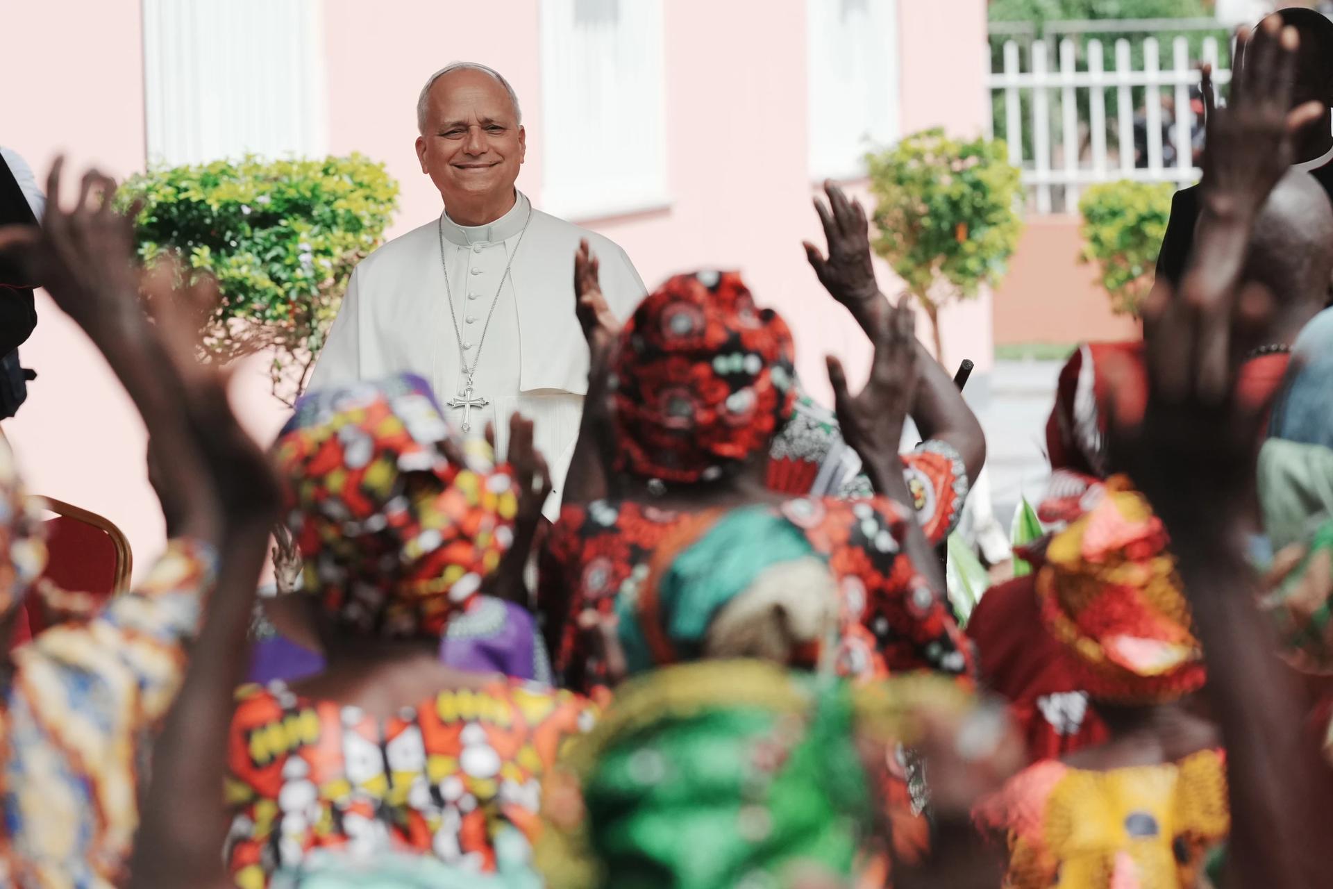 Pope Leo XIV is cheered by faithful on the occasion of his visit to a nursing home, in Saurimo, Angola, Monday, April 20, 2026. (Credit: Andrew Medichini/AP.)