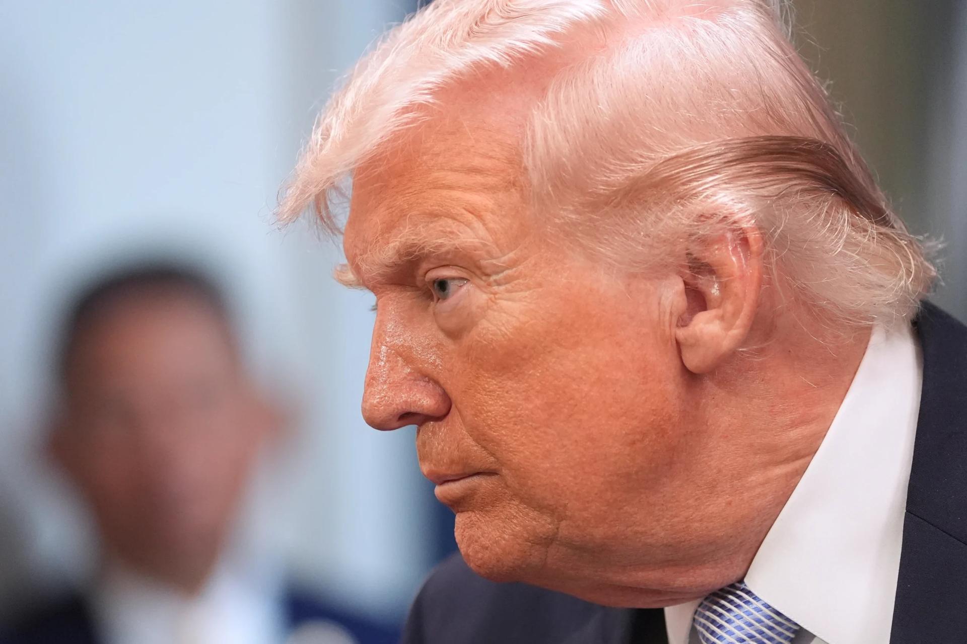 President Donald Trump speaks to reporters in the James Brady Press Briefing Room at the White House on April 6, 2026. (Credit: Alex Brandon/AP.)