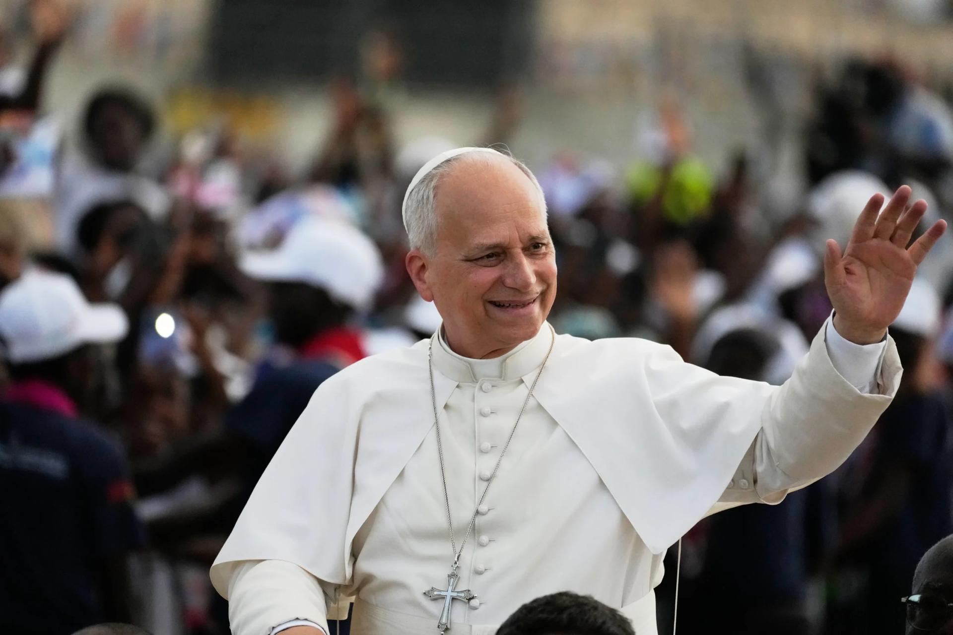 Pope Leo XIV arrives at the esplanade in front of the Sanctuary of Mama Muxima, in Muxima, Angola, Sunday, April 19, 2026. (Credit: Themba Hadebe/AP.)