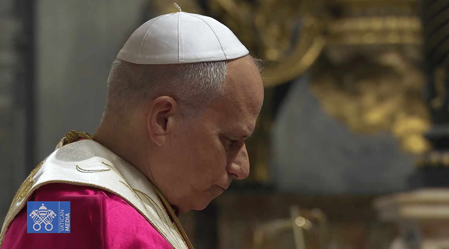 Pope Leo XIV prays the Holy Rosary in St. Peter's Basilica in the Vatican on April 11, 2026. (Credit: Vatican Media.)