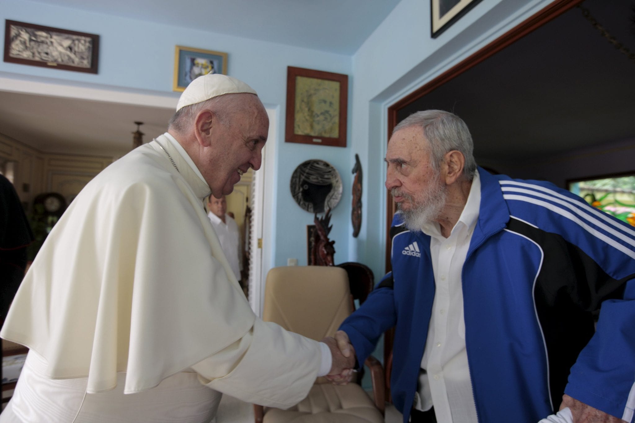Pope Francis shakes hands with former Cuban President Fidel Castro at Castro's residence in Havana Sept. 20. (Credit: CNS photo/Alex Castro, Castro family handout via Reuters.)