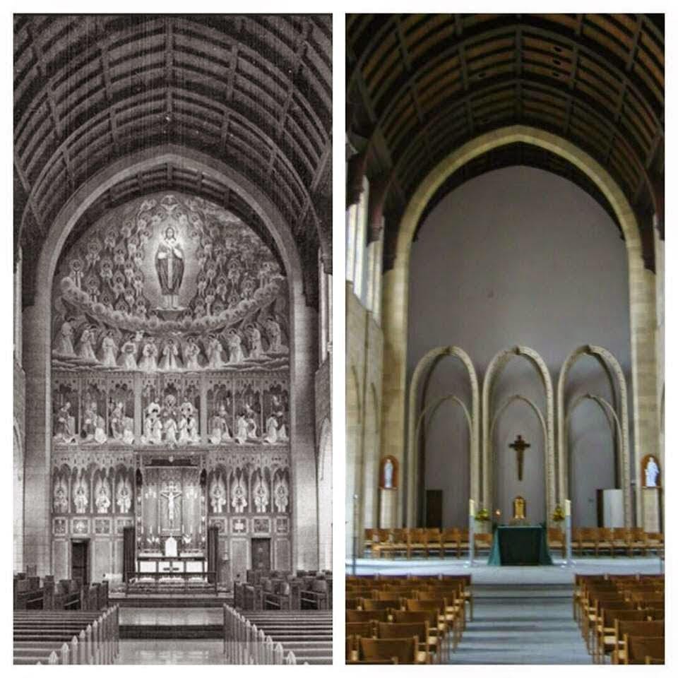 St. Turibius Chapel at the Pontifical College Josephinum as it originally appeared, and its later modernist renovation. A photo of the new restoration is at the top of this article. (Credit: Josephinum.)